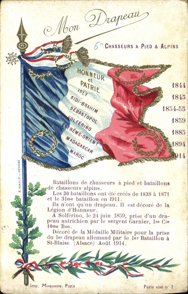 Flagge des 6. Fuß- und Alpenjägerregiments — HONNEUR et PATRIE — Imp. Maquaire, Paris - Vorderseite