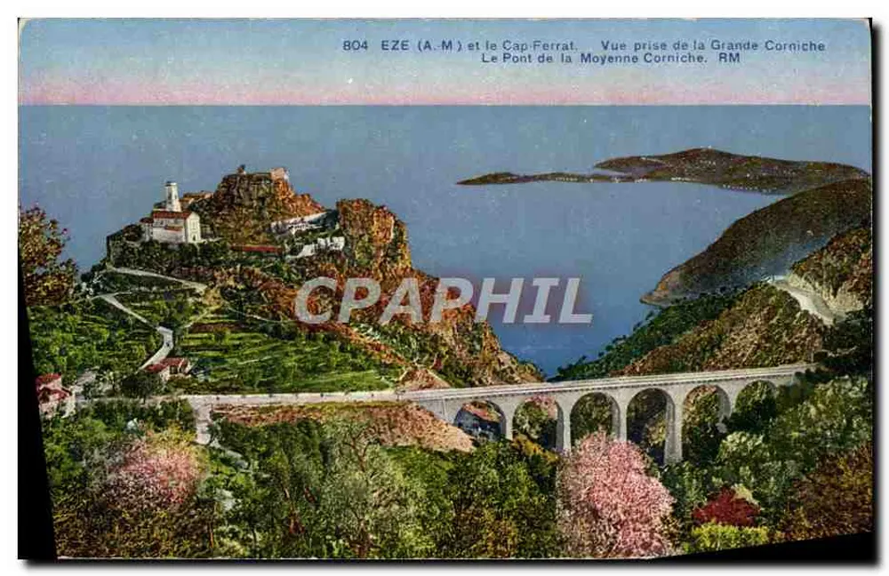 Eze (A.M.) und Cap-Ferrat — Ansicht aus der Grande Corniche. Der Pont de la Moyenne Corniche. RM — Verlag Rostan & Munier, Nice - Vorderseite