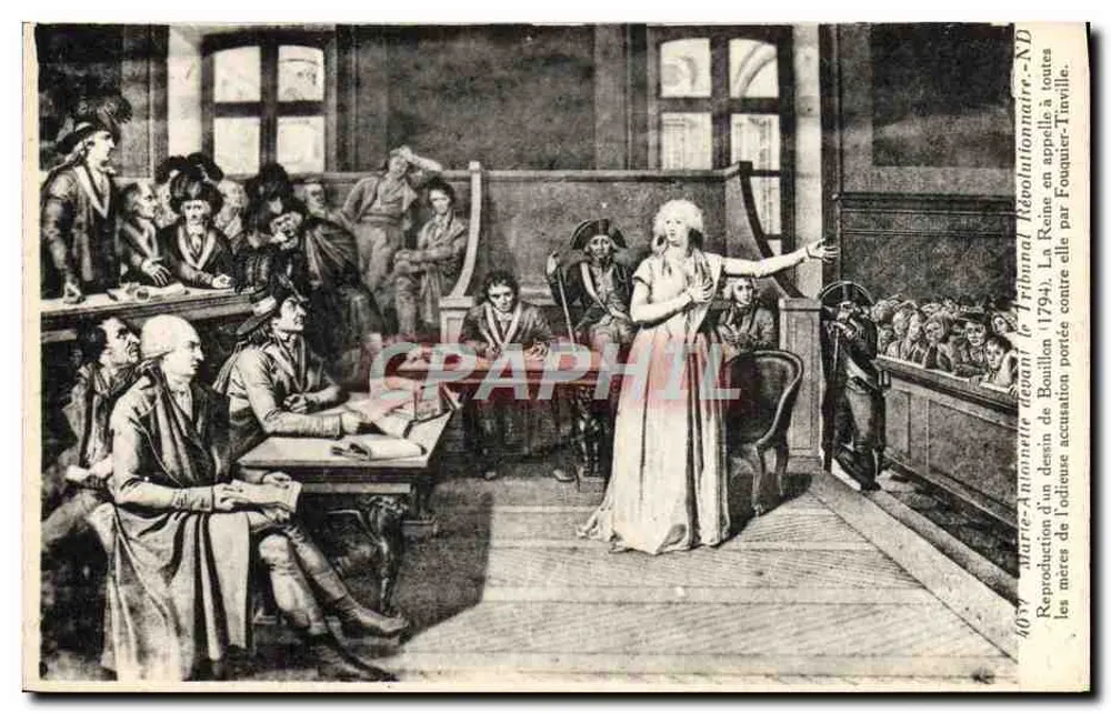 Marie-Antoinette diante do Tribunal Revolucionário — Reprodução de um desenho de Bonillon (1794) — editor: Levy & Neurden Réunis, Paris - Frente