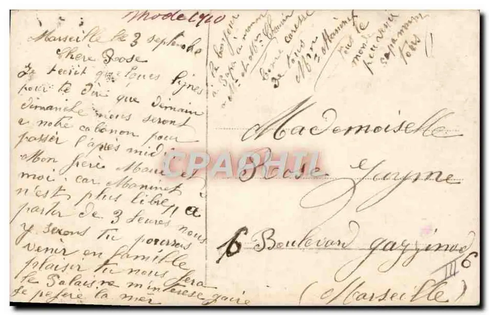 Moda de París — mujer con chal bordado y sombrero de plumas — editor Moda de París, n° 1038/1 - Reverso