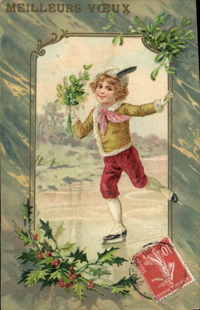 Kind, das Schlittschuh läuft — mit Efeu und Stechpalme — K.F. Verlag, Paris, Serie 0.3493 - Vorderseite