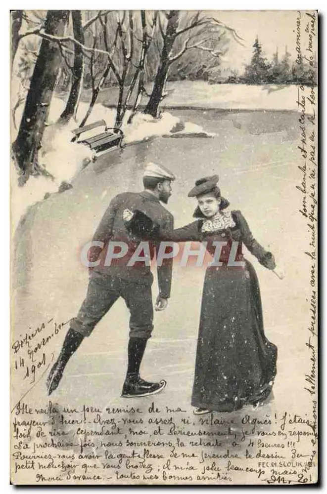 Zwei Personen auf einem eisigen Eislaufplatz — Béthiers, 14. November 1909 — unbekannter Verlag, Seriennummer 832 - Vorderseite