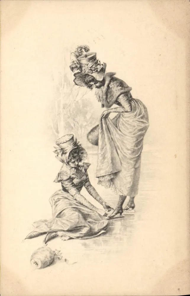 Zwei Damen in historischem Kleid — eine hilft der anderen auf — M. M. Vienne, Nr. III - Vorderseite