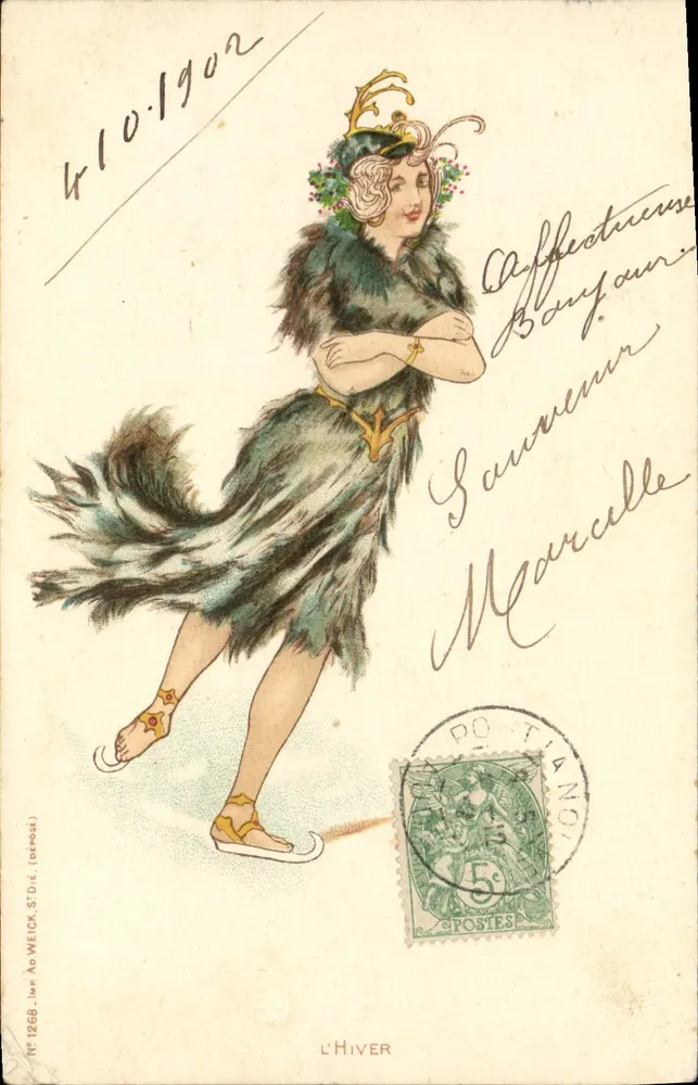 Frau im Pelzkleid — Eislaufende Tänzerin — Verlag L'HIVER, Nummer 1268 - Vorderseite