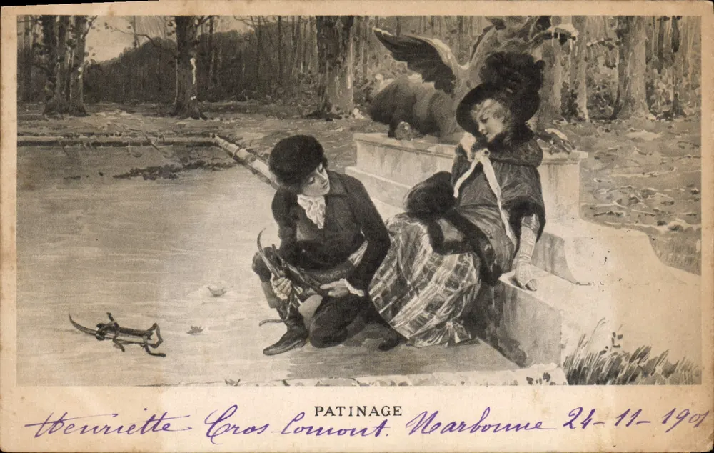 Eislaufen — Winterlandschaft — Henriette Cros-Lomont, Marboume, 24-11-1901 - Vorderseite