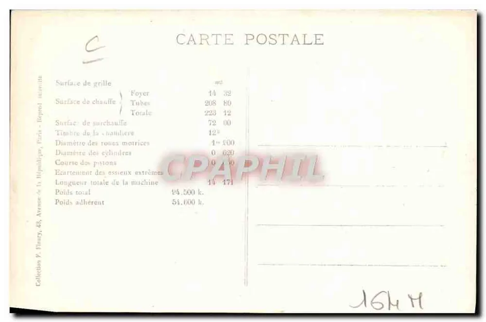 französische sechsrädrige gekuppelte Lokomotive — Maschine Nr. 3612 — Serie 3591 bis 3649 — Verlag P.O. (Paris) - Rückseite