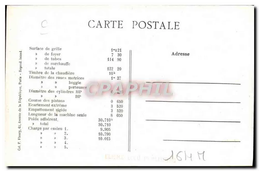 Locomotiva francesa n° 693 — Série 658 a 791 — F. F. Paris - Verso