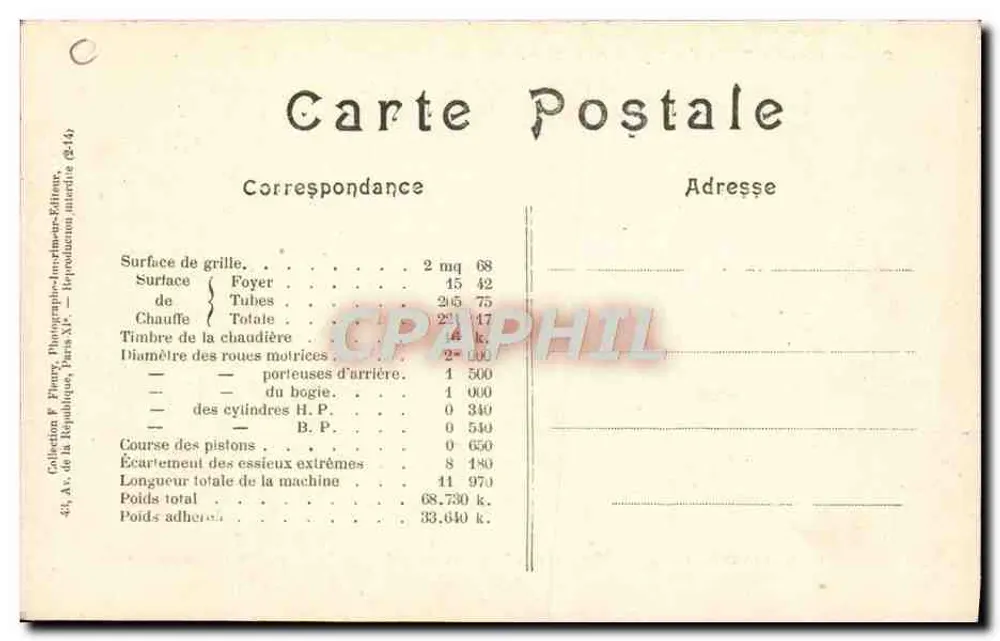 Locomotivas francesas — Máquina n° 2985, tipo Atlantic — F. F. Paris, série 2971-2990 - Verso