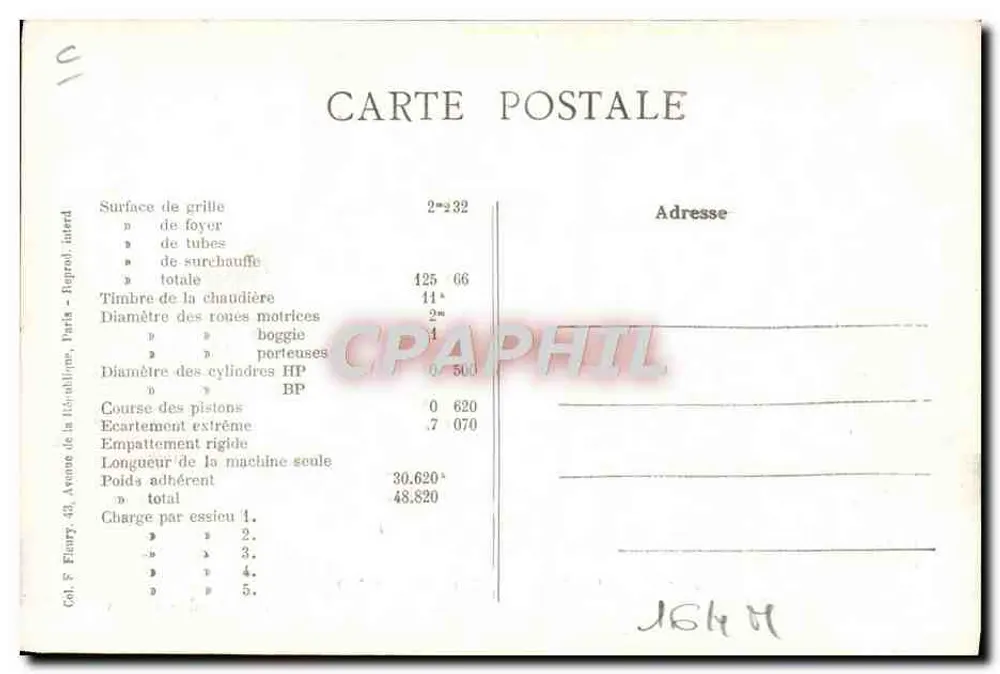 Locomotiva B 180 — Série 111 à 400 — F. F. Paris - Verso