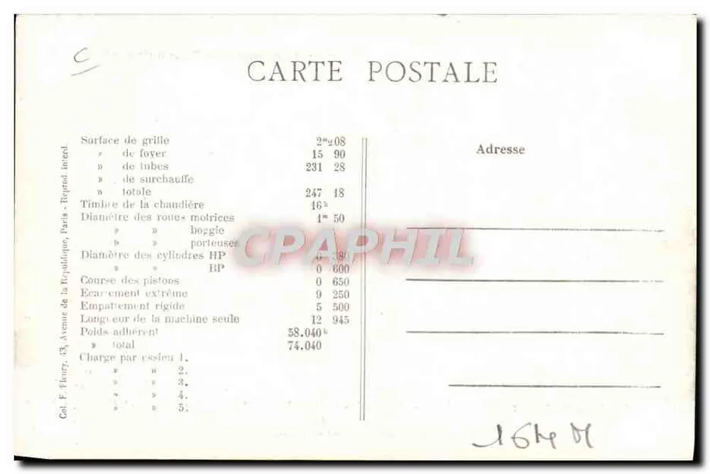 Locomotiva n° 4726 — Tipo « Mastodon » — F. P. PARIS - Verso