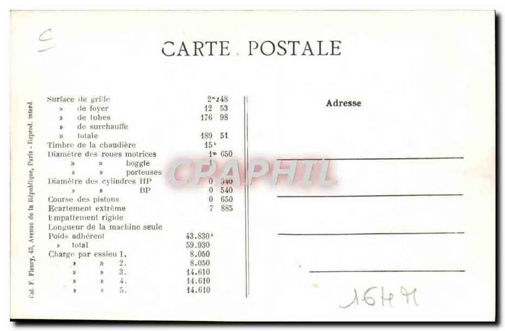 Locomotiva francesa n° 3403 — Série 3401 a 3735 — Ateliers de Fives-Lille - Verso