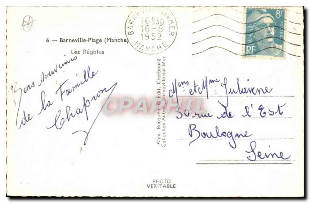 Segelregatten — Barneville-sur-Mer — Alex. Becquemont, Edit. Cherbourg - Rückseite