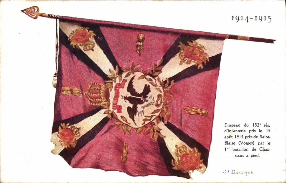 Flagge des 132. Infanterieregiments — erobert am 15. August 1914 in der Nähe von Saint-Blaise (Vosges) durch das 1. Bataillon der Fußjäger — J.F. BOUCHOR - Vorderseite
