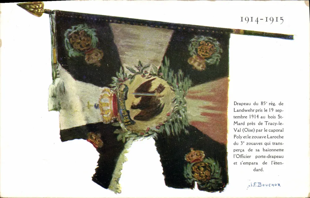 Flagge des 85. Landwehr-Regiments — erobert im Wald St-Mard bei Tracy-le-Val (Oise) im September 1914 — J.F. Bouchor - Vorderseite