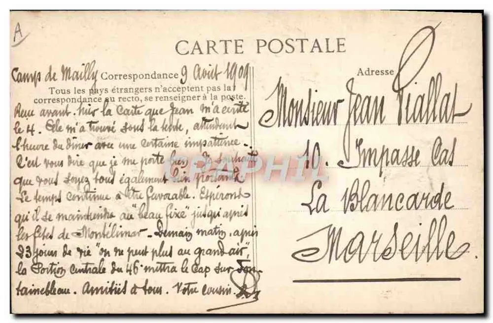 Camp de Mailly — Infanterie, die zum Camp kommt, Flagge ausgehängt — A. Verry, Verleger, Mailly-le-Camp - Rückseite