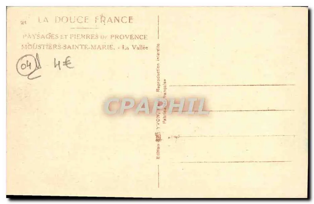 Moustiers-Sainte-Marie — A Vale — Edição La Douce France - Verso