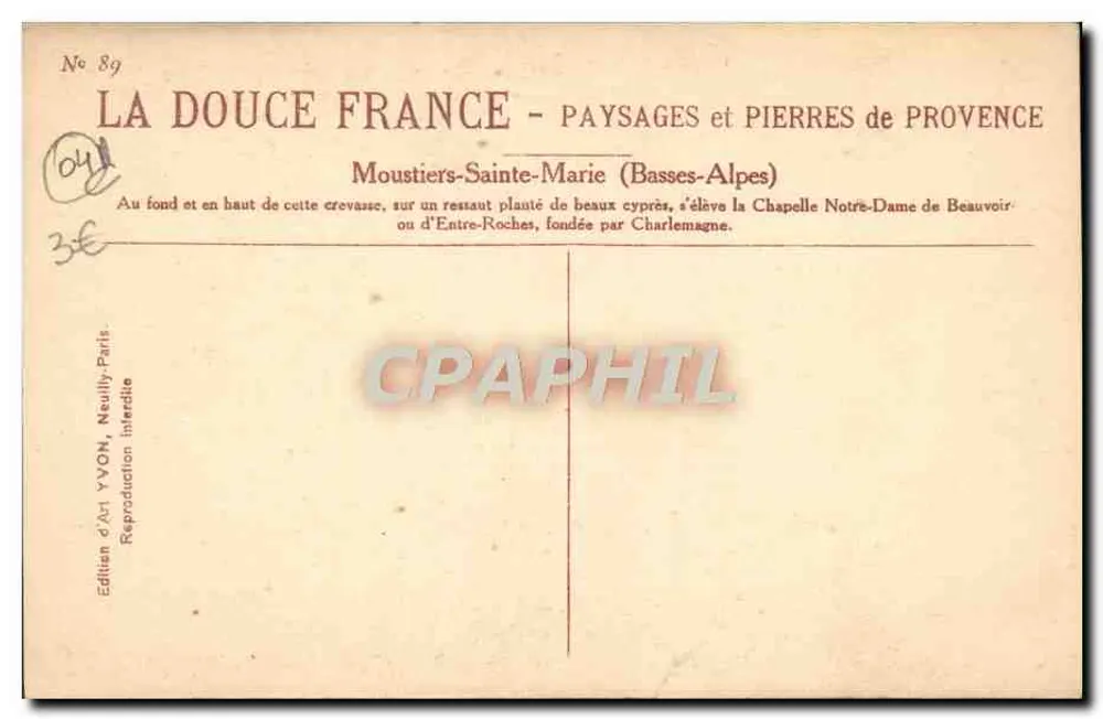 Moustiers-Sainte-Marie — Kapelle Notre-Dame de Beauvoir d'Entre-Roches — Künstlerische Ausgabe YVON, Nr. 89 - Rückseite