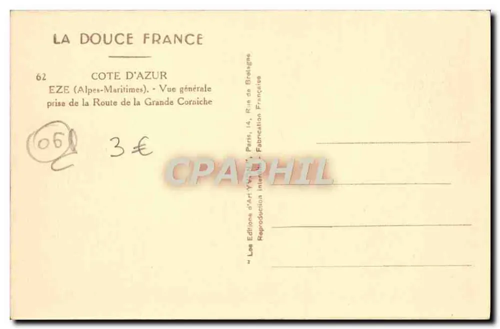 Eze — Côte d'Azur — Allgemeiner Blick von der Route de la Grande Corniche — Éditions d'Art Yat - Rückseite