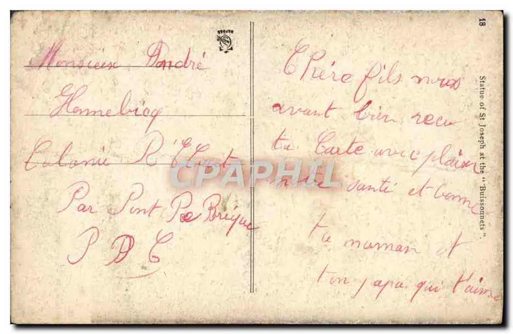 Estátua de São José — Irmã Tereza da Criança Jesus — nos Buissonnets - Verso