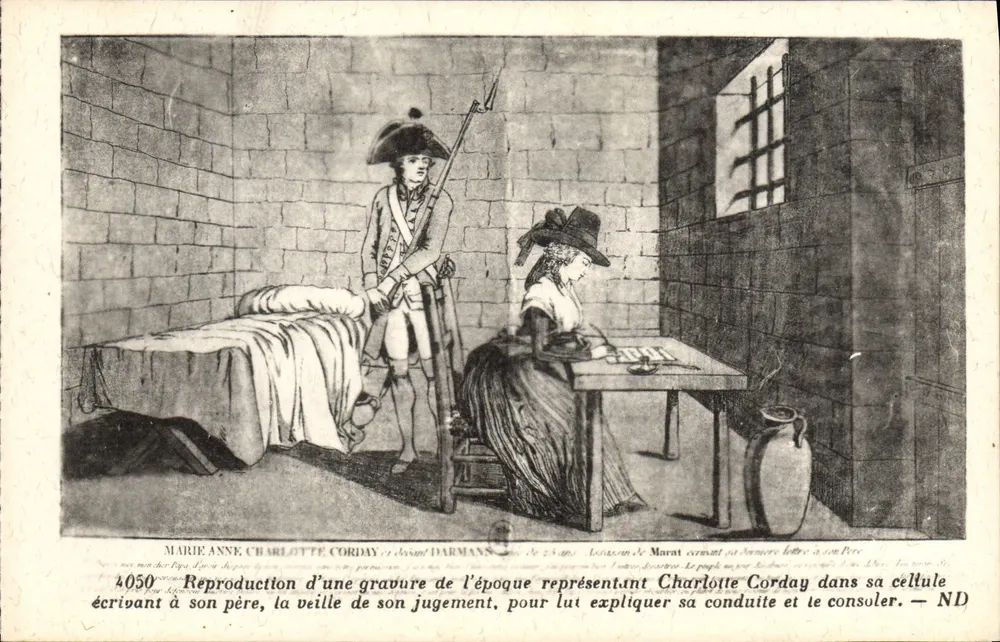 Marie Anne Charlotte Corday — Reprodução de uma gravura da época representando Charlotte Corday em sua cela escrevendo para seu pai — ND - Frente