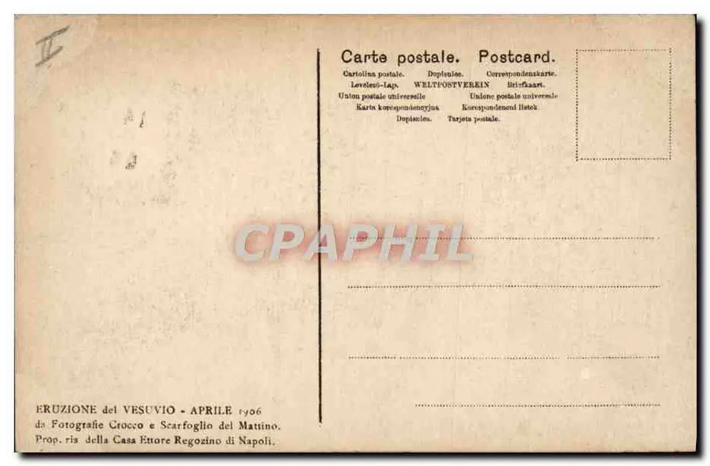 Ausbruch des Vesuvs — April 1906 — Fotografie von Casa Ettore Regozino in Neapel - Rückseite