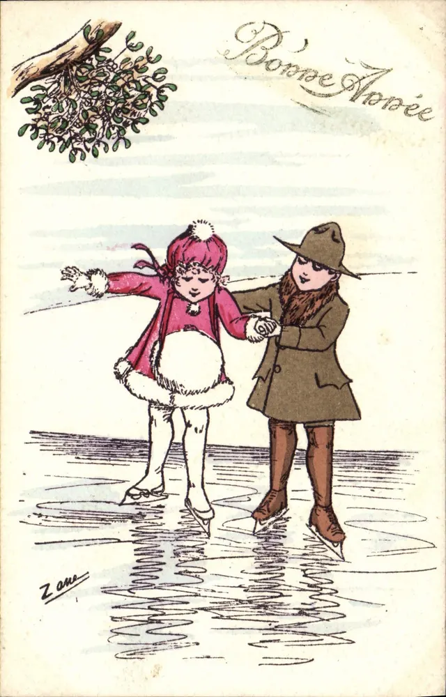 Zwei Kinder, die Schlittschuh laufen — Frohe Weihnachten — Zane - Vorderseite