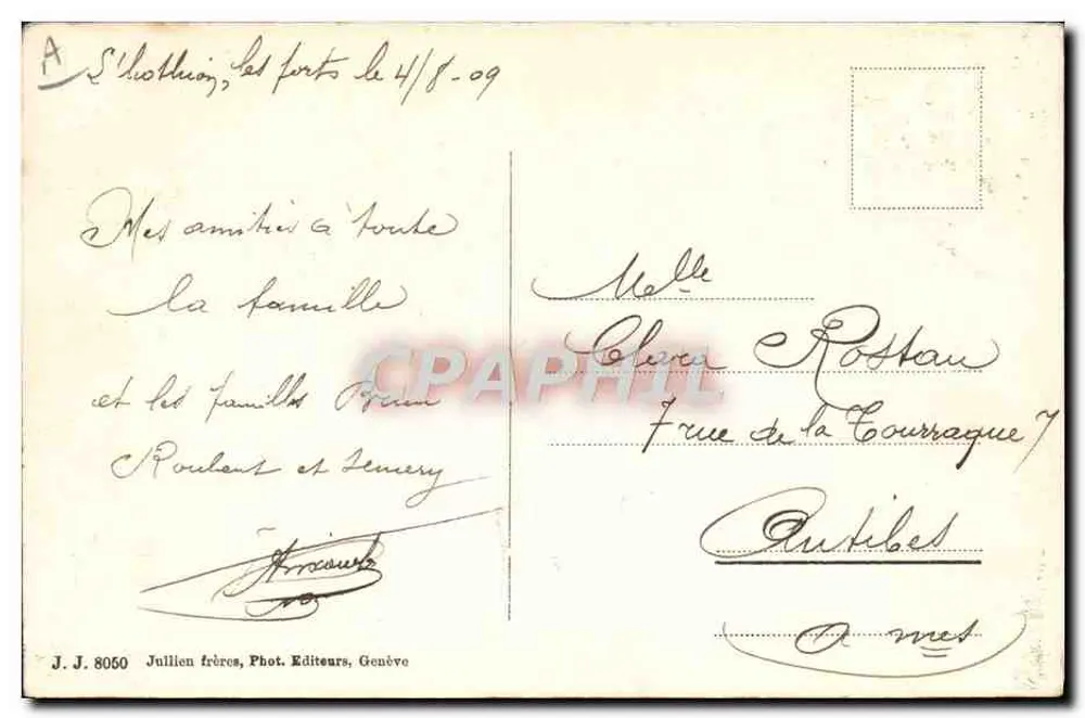 Zwei junge Frauen, die Schlittschuh laufen — L'Engel — J. J. 8050, Juillien frères, Phot. Editeurs, Genf - Rückseite