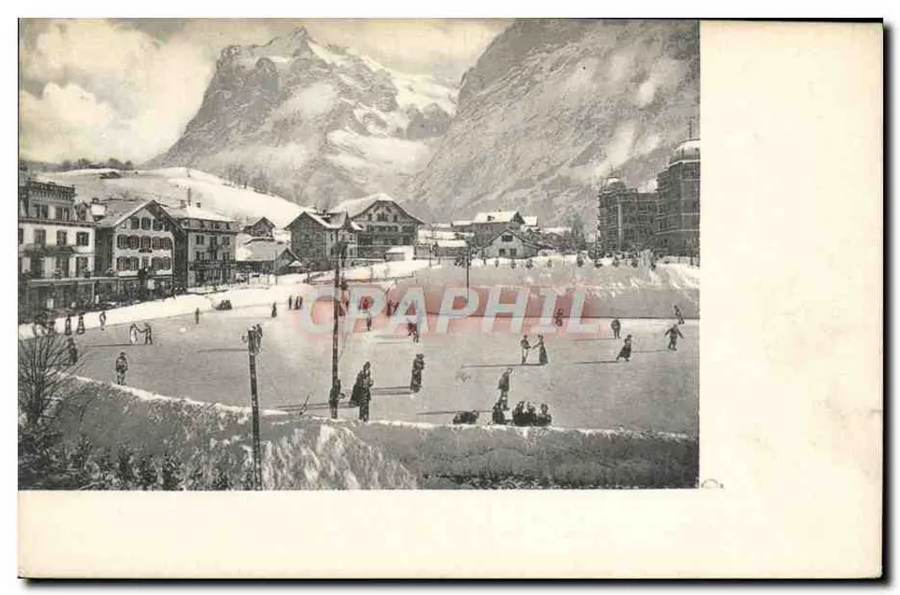 Schneegestraßtes Alpendorf — Skifahrer und Gebäude — Verlag Genf, Nr. 9256 - Vorderseite