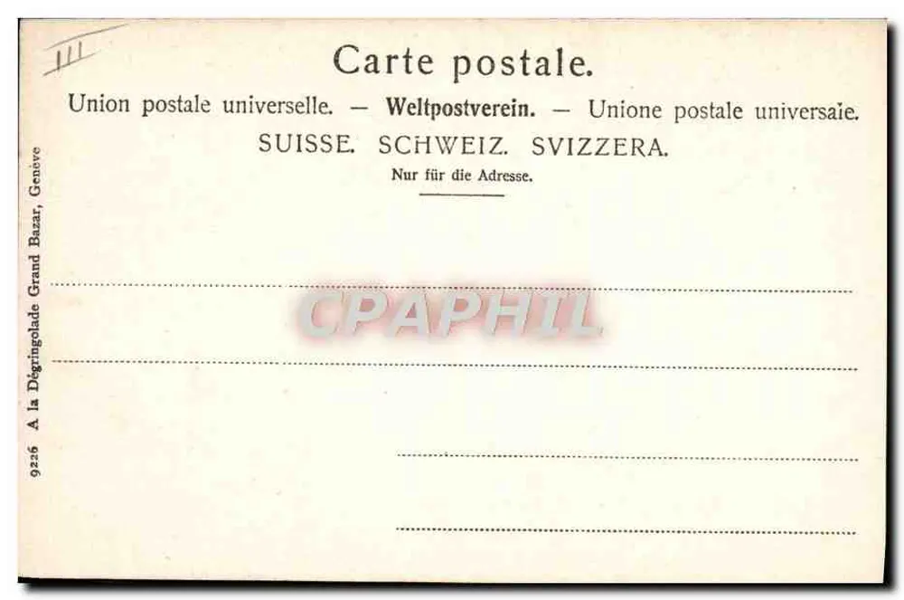 Schneegestraßtes Alpendorf — Skifahrer und Gebäude — Verlag Genf, Nr. 9256 - Rückseite
