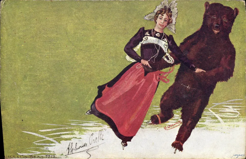 Frau im traditionellen Kleid, Schlittschuhlauf mit einem Bären — Illustration von Théodore Crelle — Verlag Kaiser & Co. Bern, n° 7748 - Vorderseite