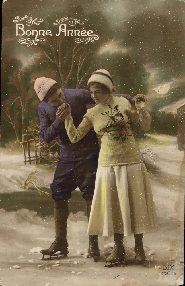 Junge Liebende, die Schlittschuh laufen — Frohe Weihnachten — DIX 1062k - Vorderseite