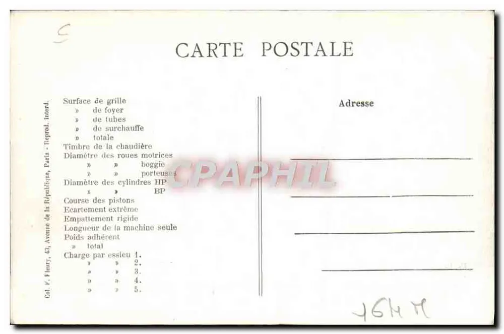 Locomotiva francesa n° 1276 — P.L.M. — Editor F. Fleury, Paris - Verso
