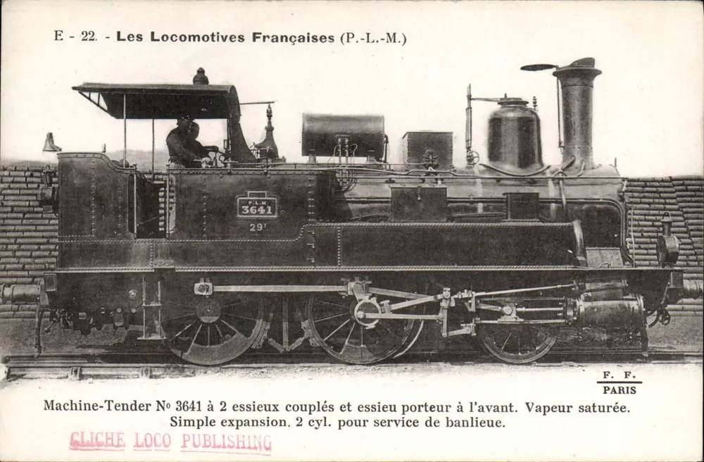 Locomotiva francesa P.L.M. n° 3641 — Máquina-Tendência com 2 eixos acoplados — Gliche Loco Publishing - Frente