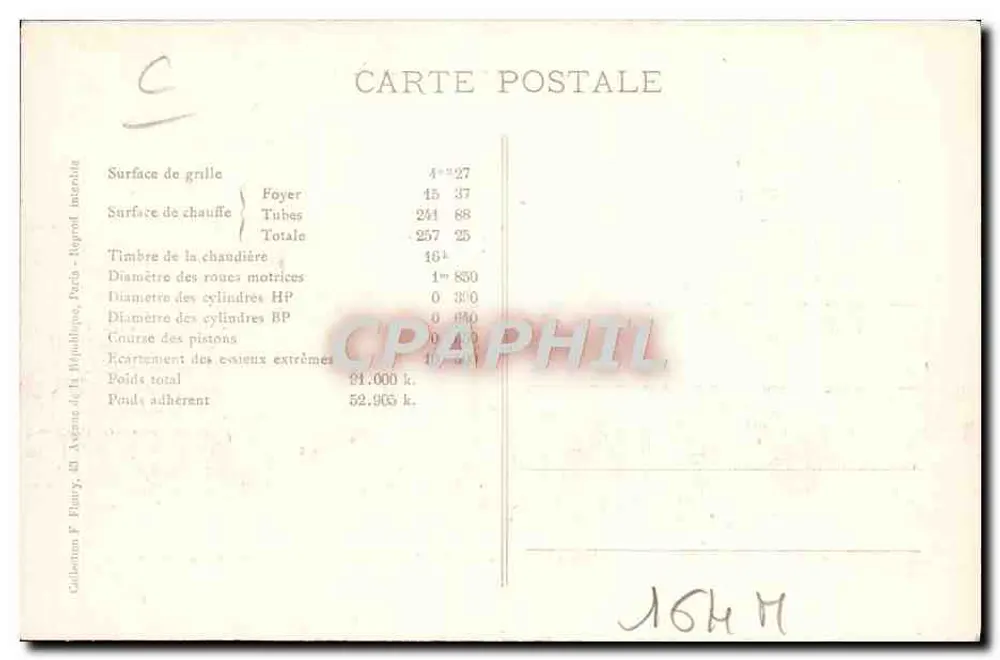 Locomotiva francesa n° 4501 — Tipo "Pacific" — F. F. Paris - Verso