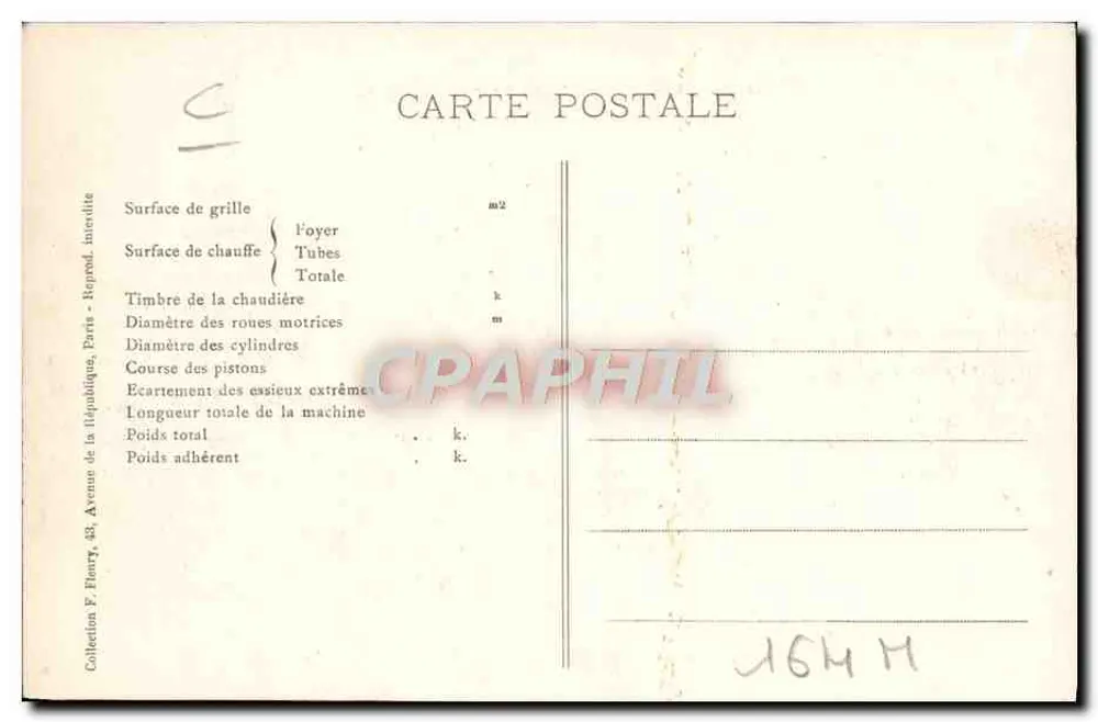 Locomotiva Compound n° 5001 — Série 5000 — Editor F. Paris - Verso