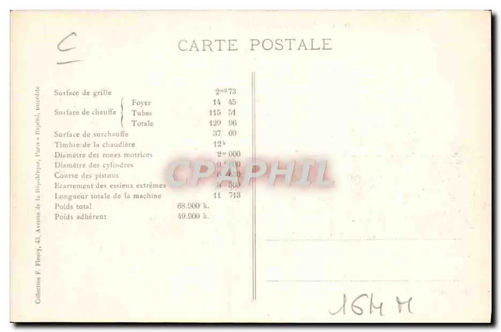 Máquina N° 201 S — Locomotiva francesa com superaquecedor Schmidt — F. P. Paris - Verso