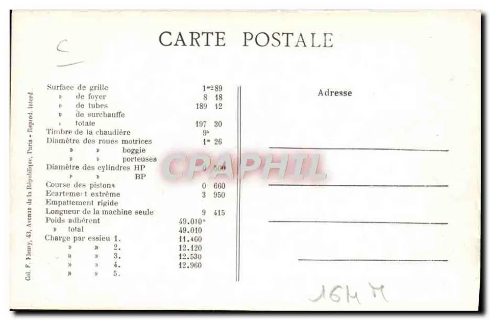 Locomotiva francesa n° 0667 — Série 0.564 à 0.691 — F. F. PARIS - Verso