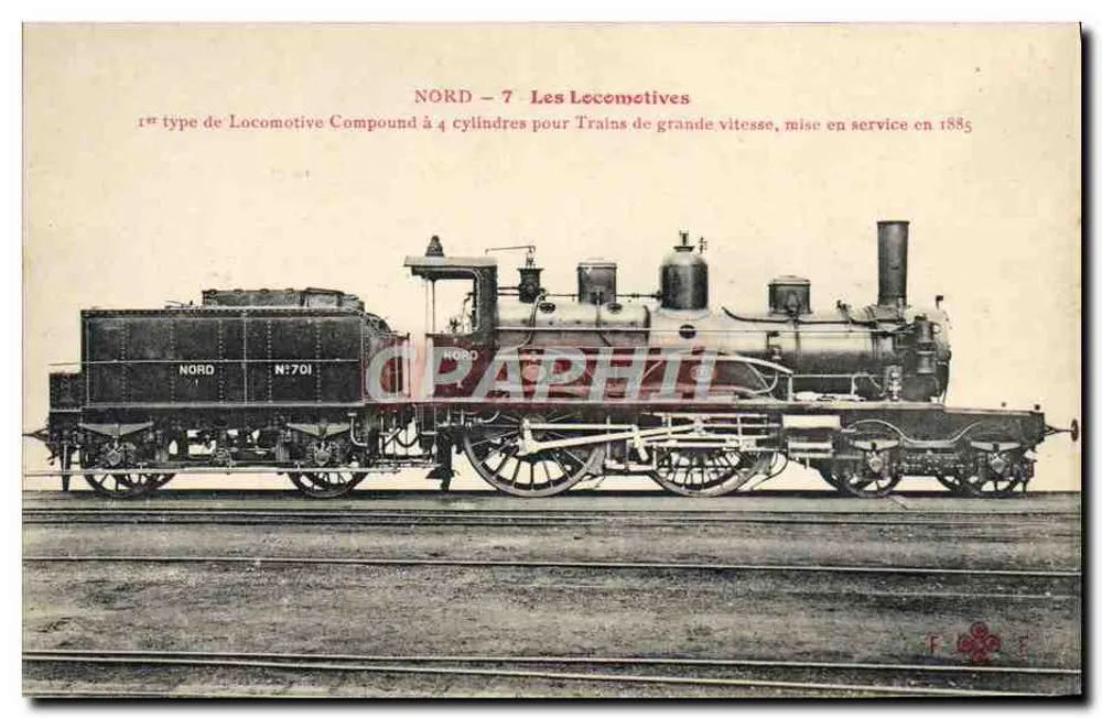Locomotora Nord N°701 — 1er tipo Compound a 4 cilindros para trenes de alta velocidad — puesta en servicio en 1885 — Colección F. Fleury - Anverso