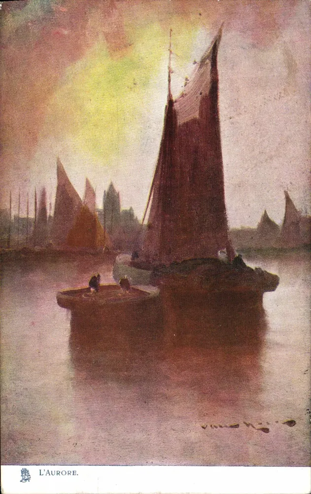 L'Aurore — Vista de barcos a vela ao nascer do sol — Editor: Raphael Tuck & Fils, Ltd. (Série 355) - Frente