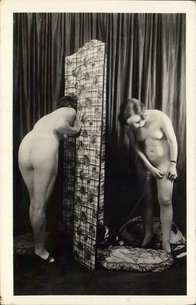 Zwei nackte Frauen vor einem Bildschirm — photographie - Vorderseite
