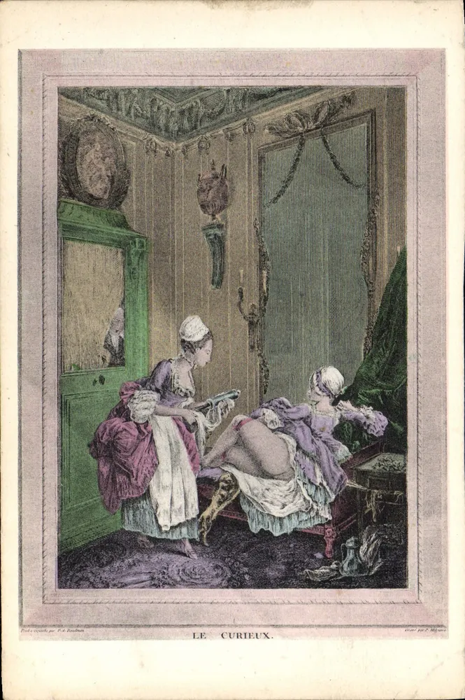 Der Neugierige — Szene eines Salons — Kupferstich von L. Baudouin, veröffentlicht von L. Baudouin - Vorderseite