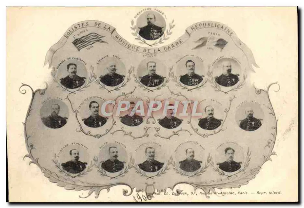 Solisten der Musik der Republikanischen Garde — 1906 — Foto von Ch. Dabruel, 97, Rue Saint-Antoine, Paris — Reproduktion verboten - Vorderseite