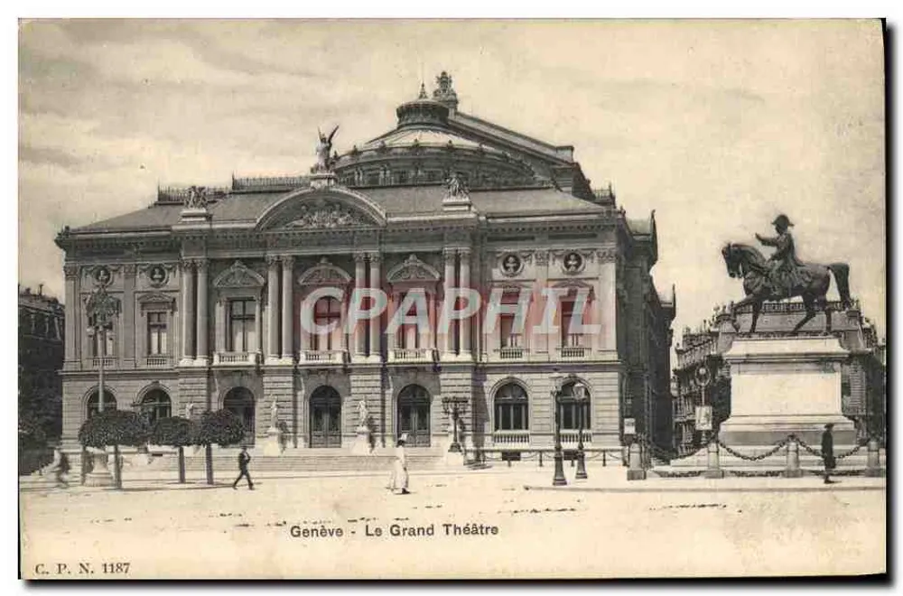 Ginevra - Il Grande Teatro — vista dell'edificio con statua equestre — G. P. N. 1187 - Recto