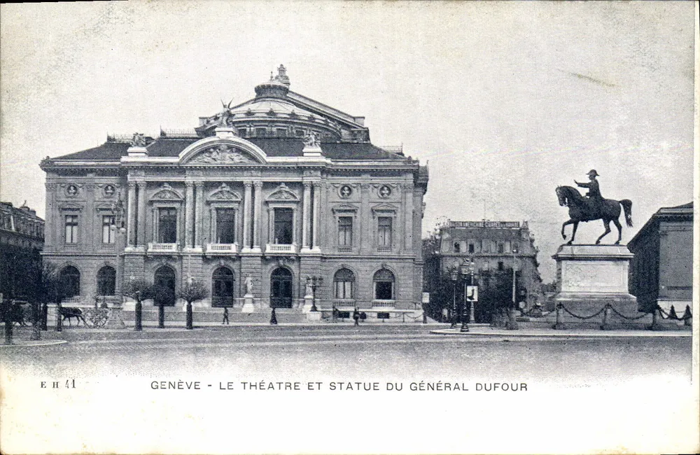Genf - Das Theater und Statue des Generals Dufour — Verleger E.H. 41 - Vorderseite