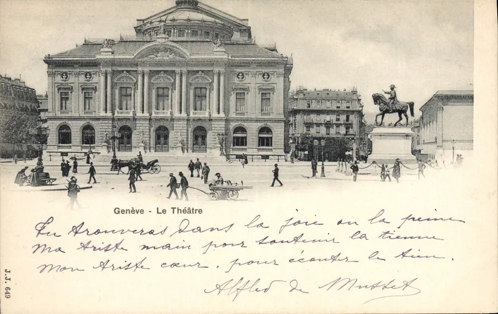 Genewa - Teatr — widok budynku z posągiem jeździeckim — J.J. 649 - Awers