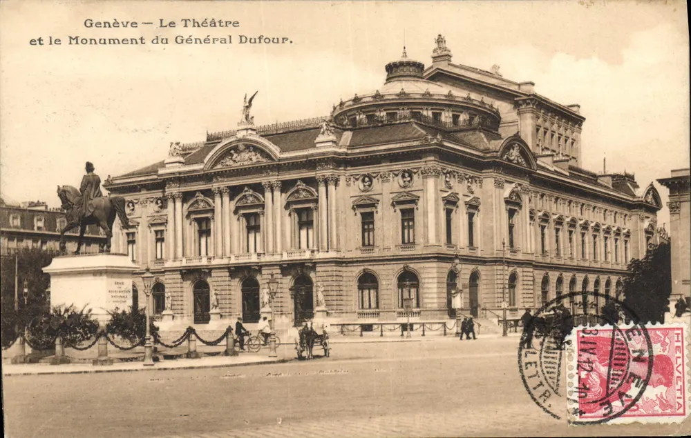 Genf — Das Theater und das Denkmal des Generals Dufour. - Vorderseite
