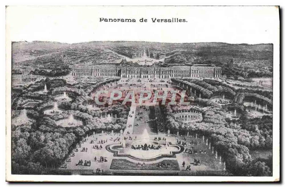 Panorama de Versailles — vista aérea do castelo e dos jardins — editor não visível - Frente