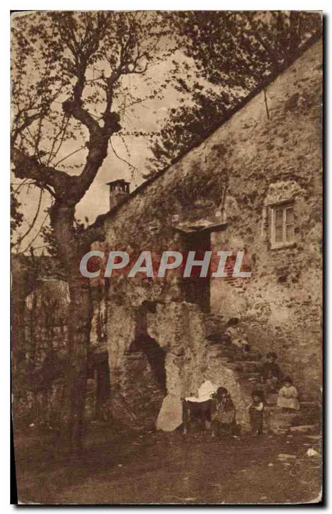 Cena de aldeia — casa de pedra e árvore — editor Arnold Müller, Berlim SW. 68 - Frente