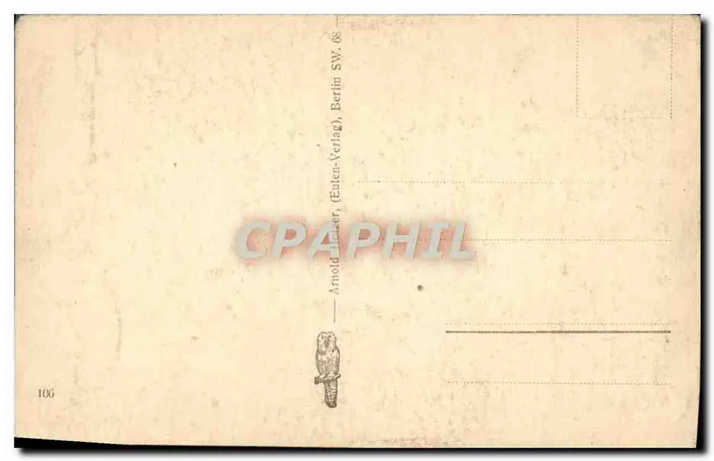 Cena de aldeia — casa de pedra e árvore — editor Arnold Müller, Berlim SW. 68 - Verso