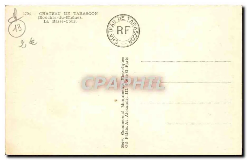 Castelo de Tarascon — Curral Baixo — Serv. Comercial Monumentos Históricos, Paris - Verso